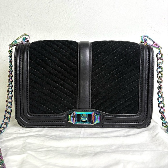 Rebecca Minkoff Oil Slick Suede Iridescent Love Chevron Quilted Crossbody Bag - Picture 15 of 16